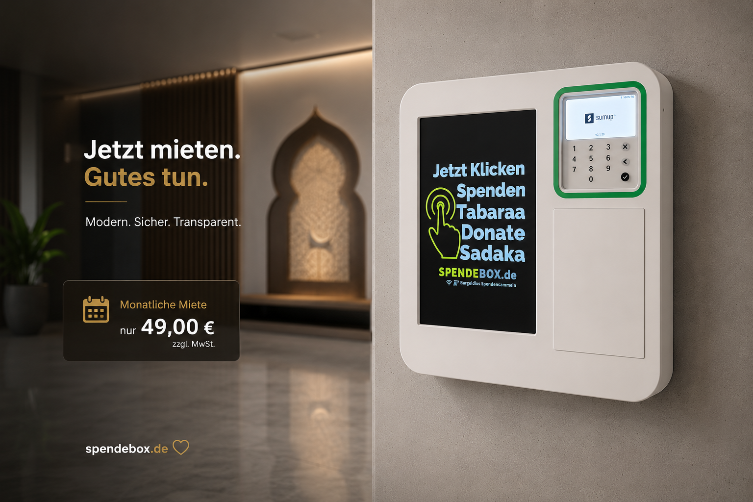 SadaqaBox mit Standfuß – digitale Spendenbox für Moscheen